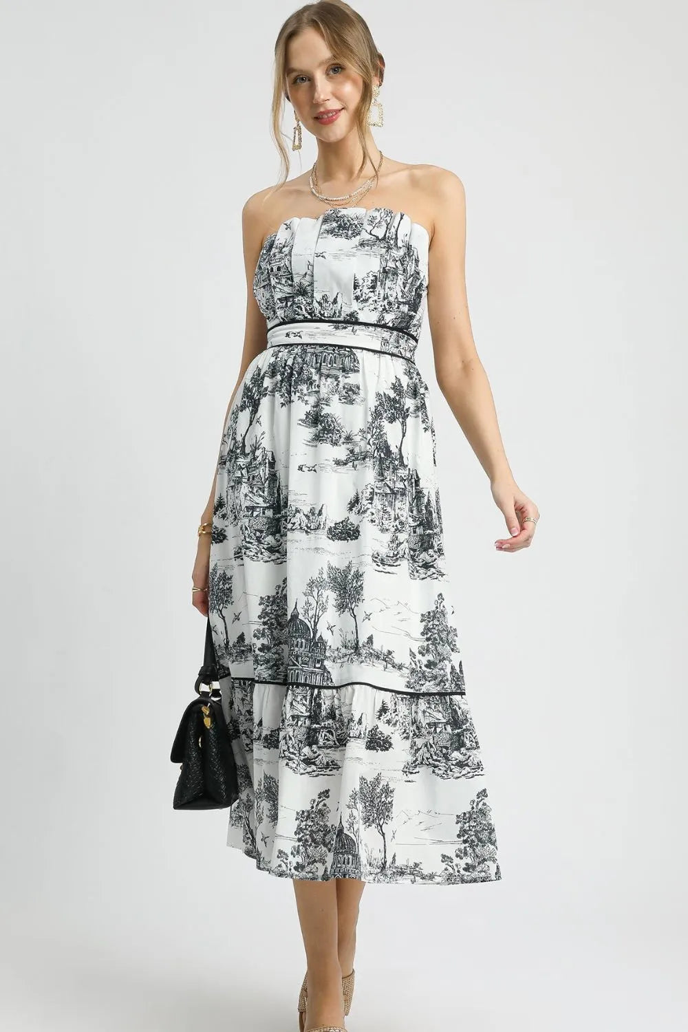Out On The Town Printed Tiered Tube Midi Dress