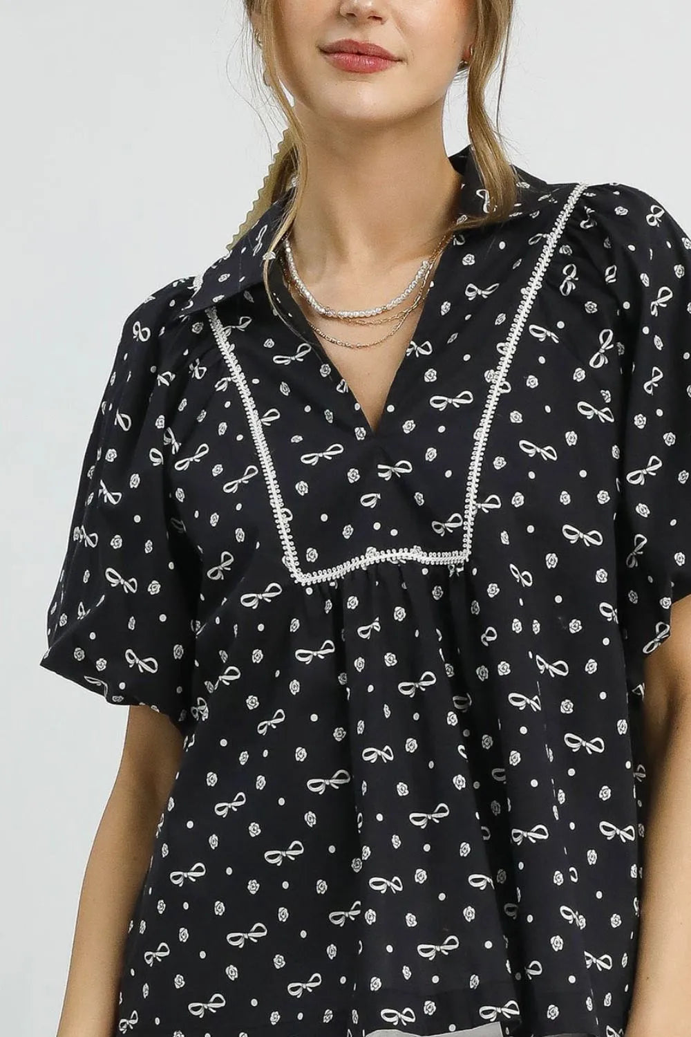 Wrapped In A Bow Print Puff Sleeve 100 Cotton Blouse