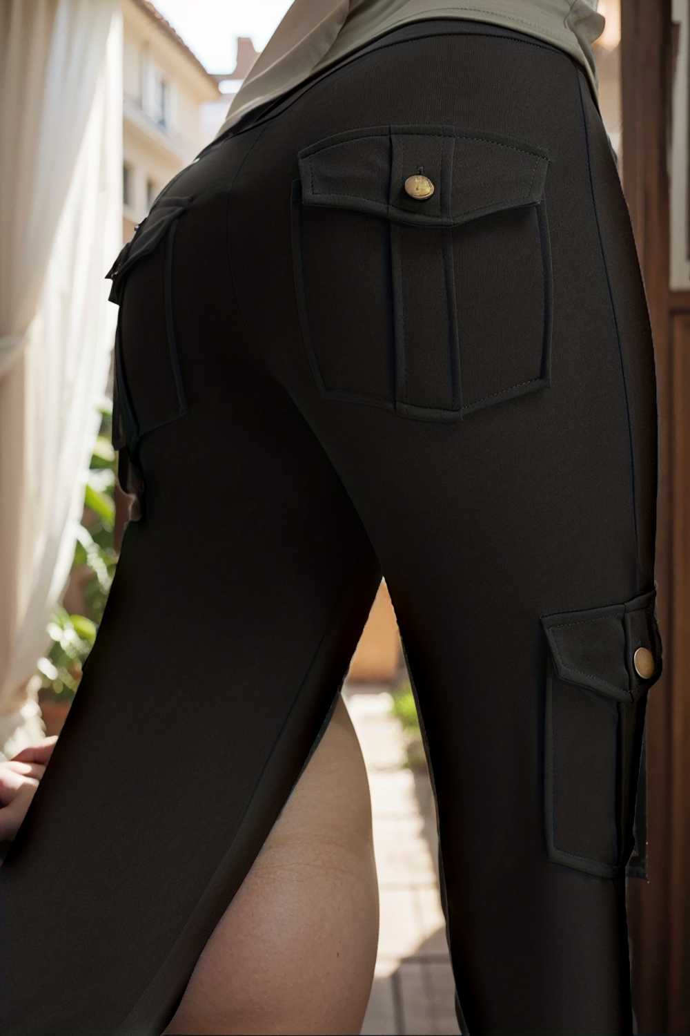 casual solid high waist pockets cargo leggings pants