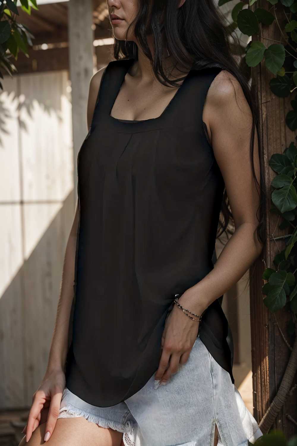 casual solid pleated square neck sleeveless tank top