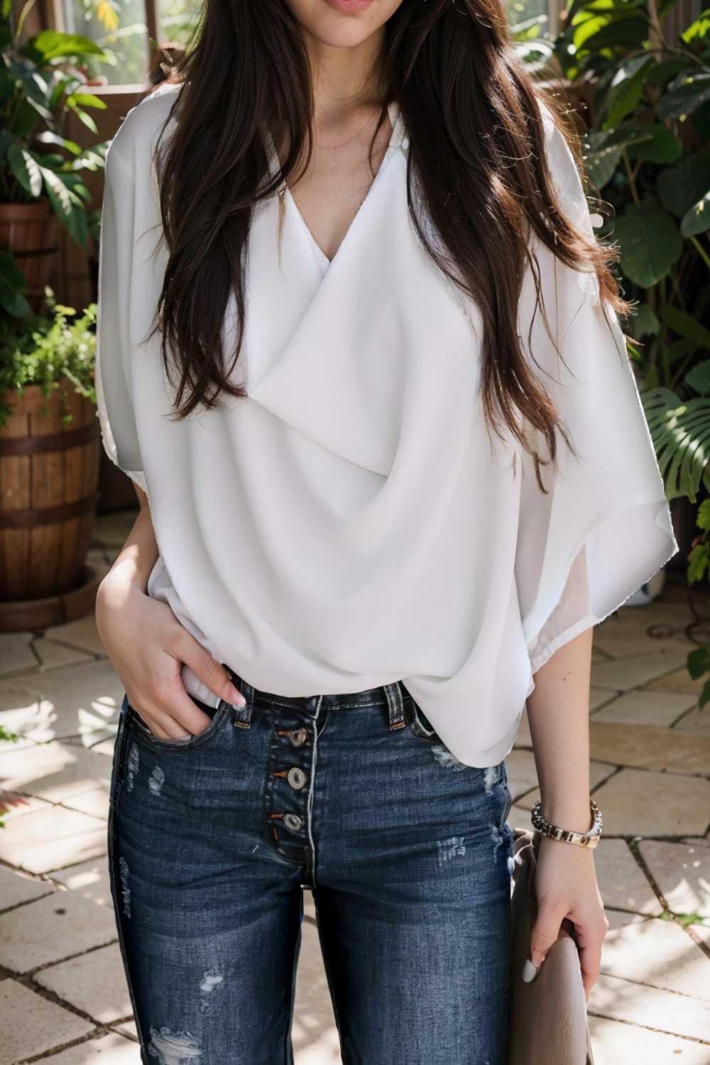 casual v neck pleated chiffon shirt
