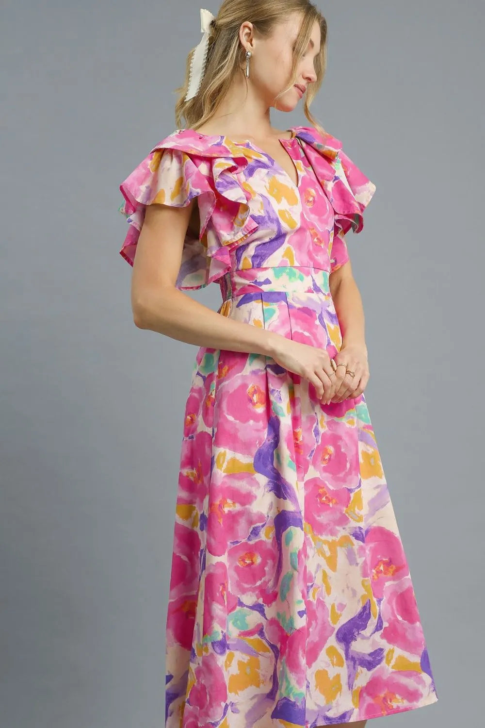 Pink Poppy Watercolor Floral Ruffled Midi Dress