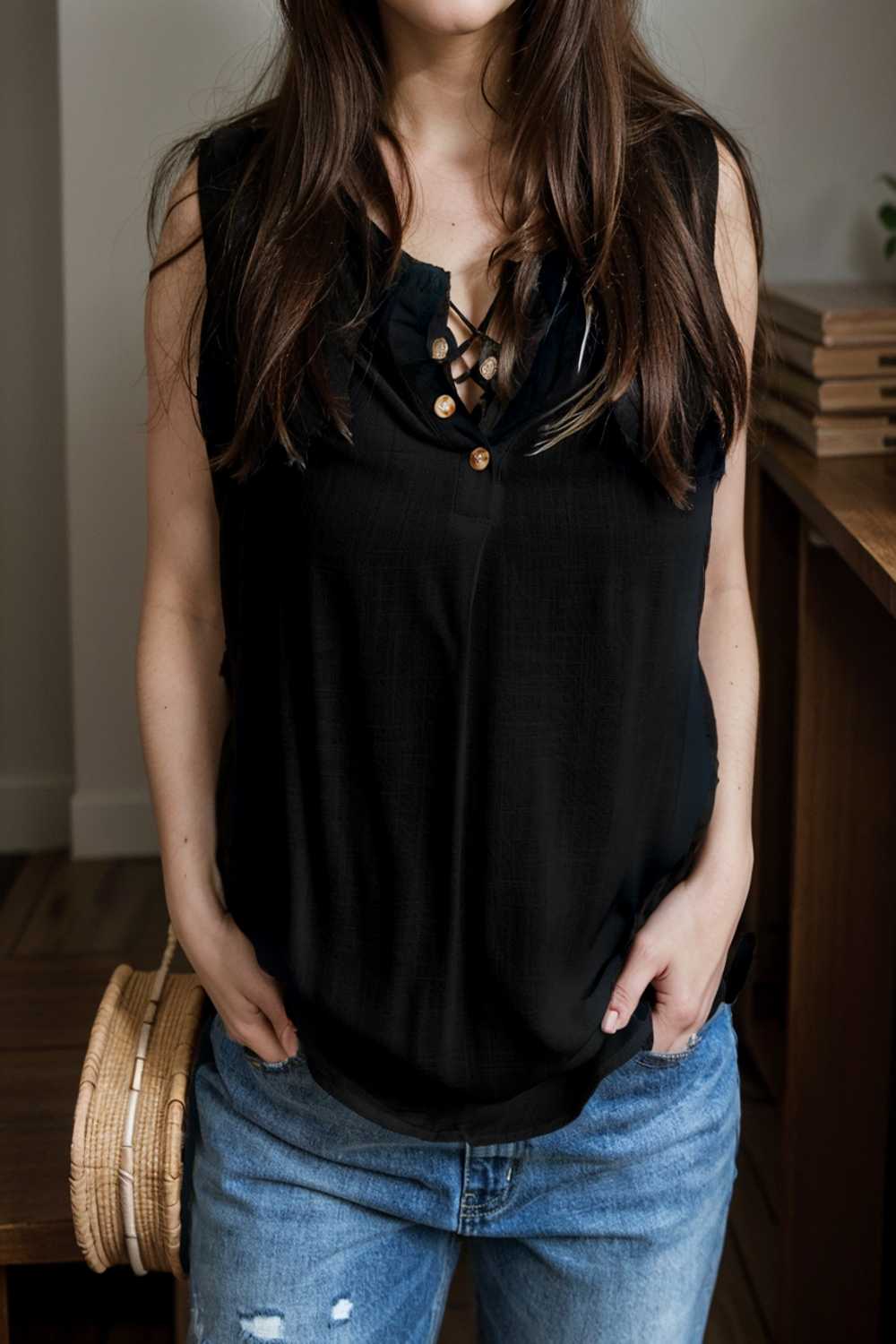 chic black ruffle trim v neck tank top