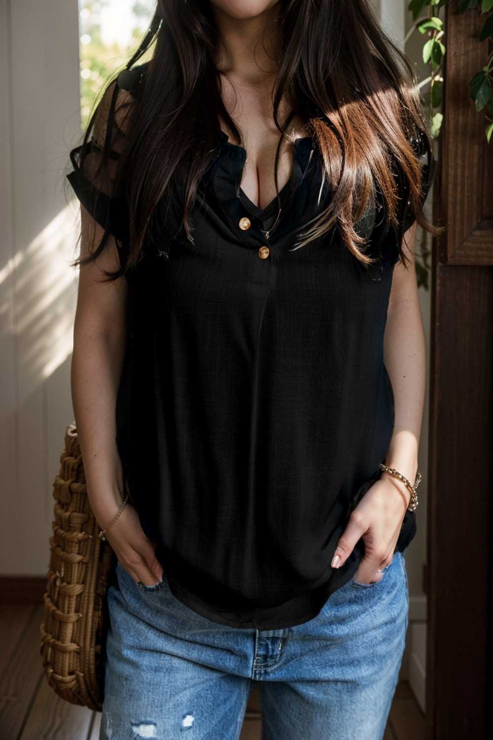 chic black ruffle trim v neck tank top