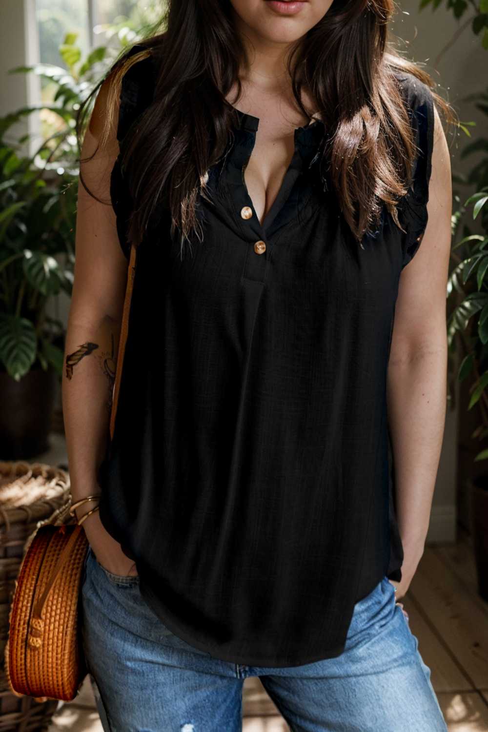 chic black ruffle trim v neck tank top