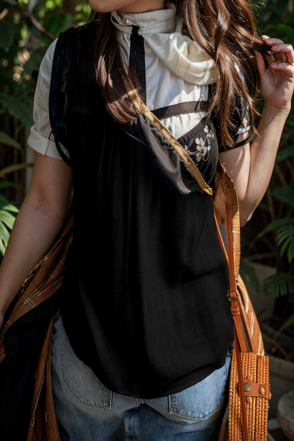 chic black ruffle trim v neck tank top