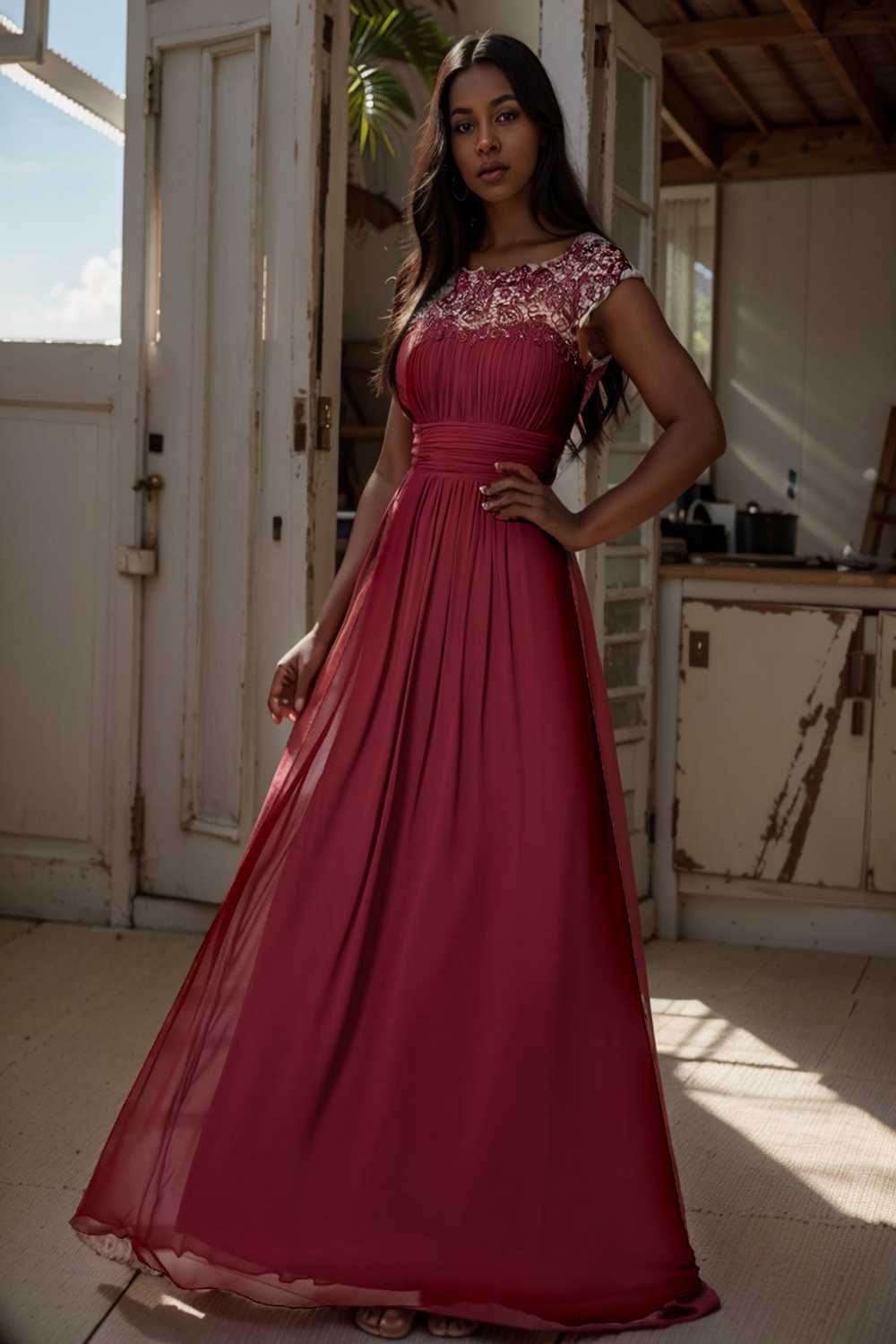 chic cap sleeve lace maxi chiffon bridesmaid gown