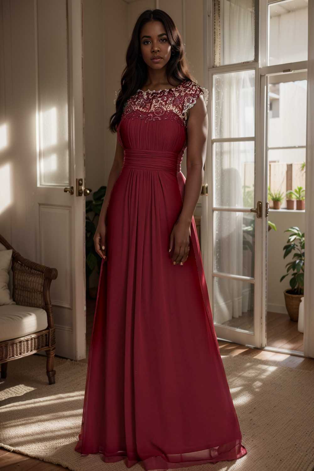 chic cap sleeve lace maxi chiffon bridesmaid gown
