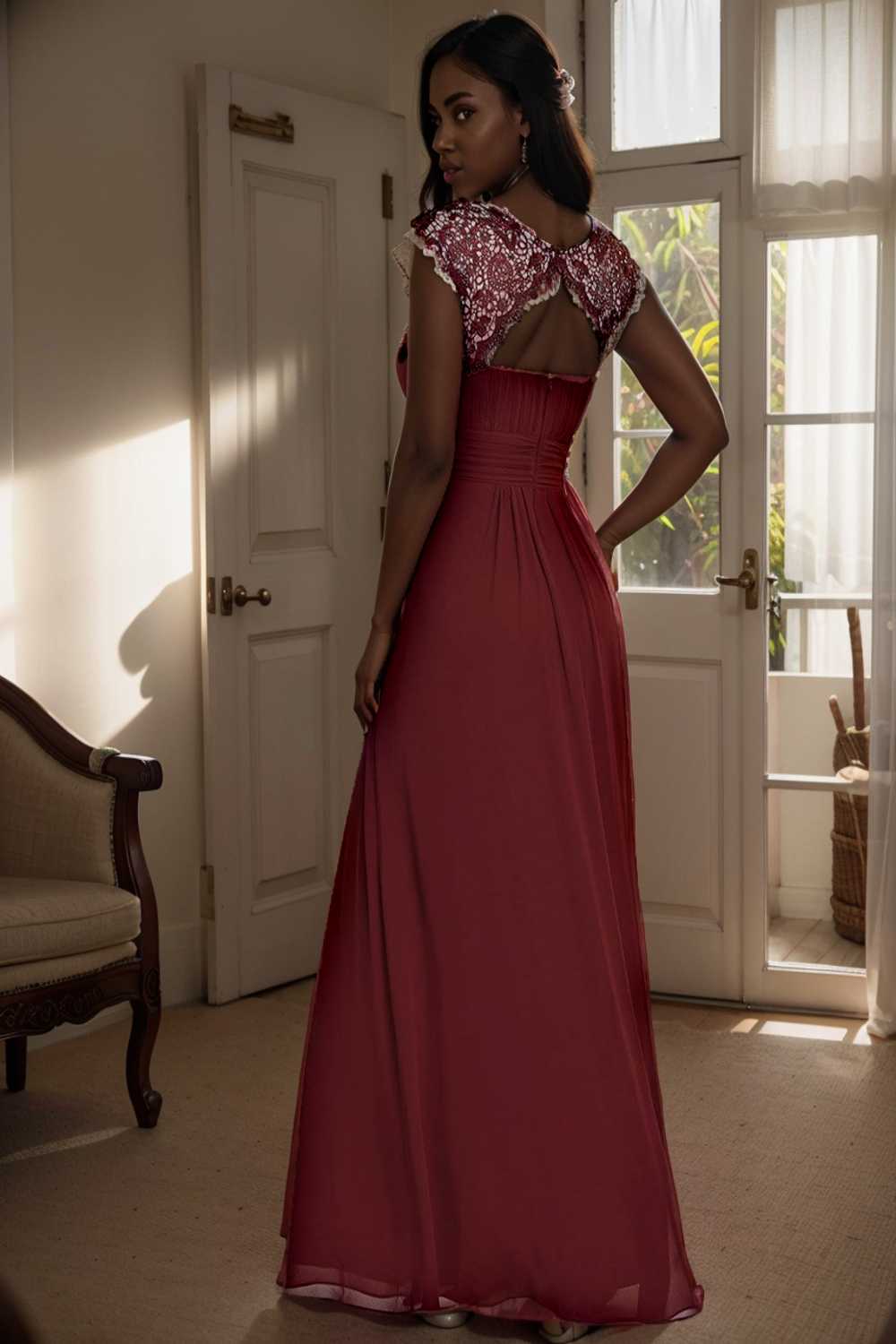 chic cap sleeve lace maxi chiffon bridesmaid gown