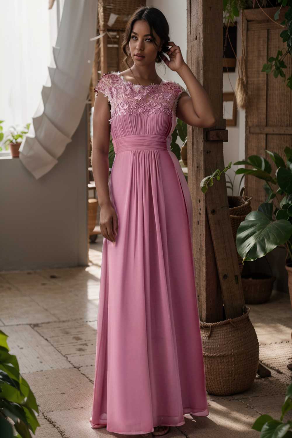chic cap sleeve lace maxi chiffon bridesmaid gown