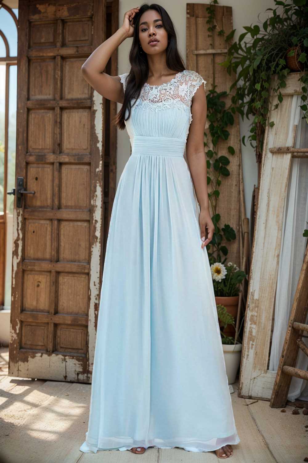 chic cap sleeve lace maxi chiffon bridesmaid gown