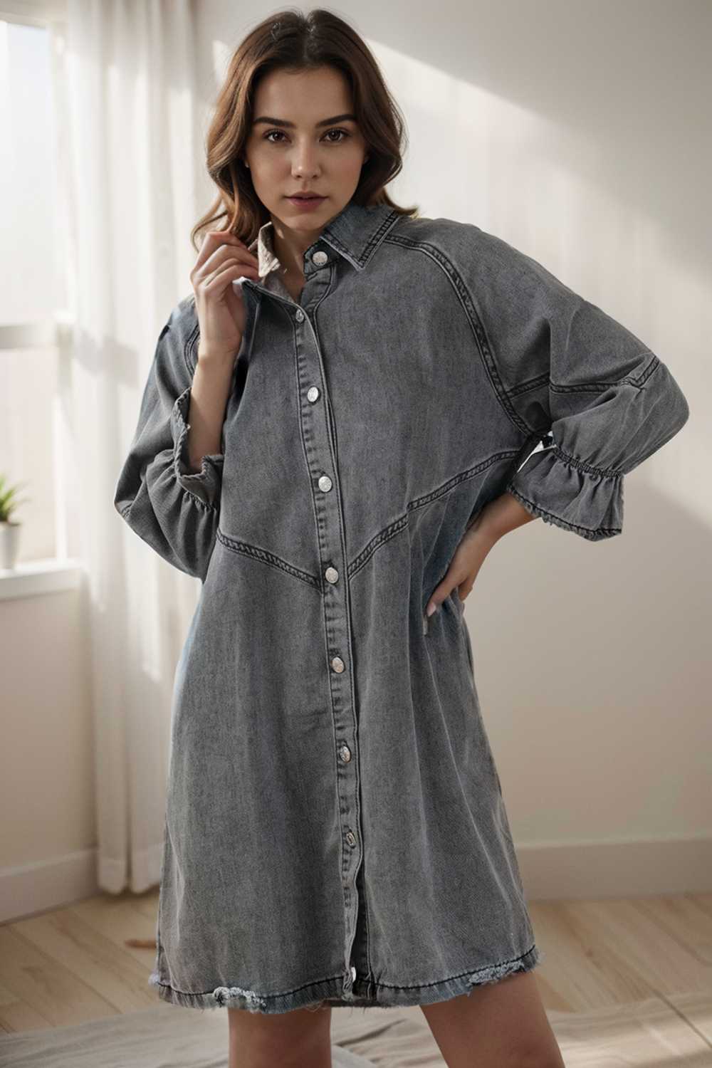 chic gray denim mini dress with button detail