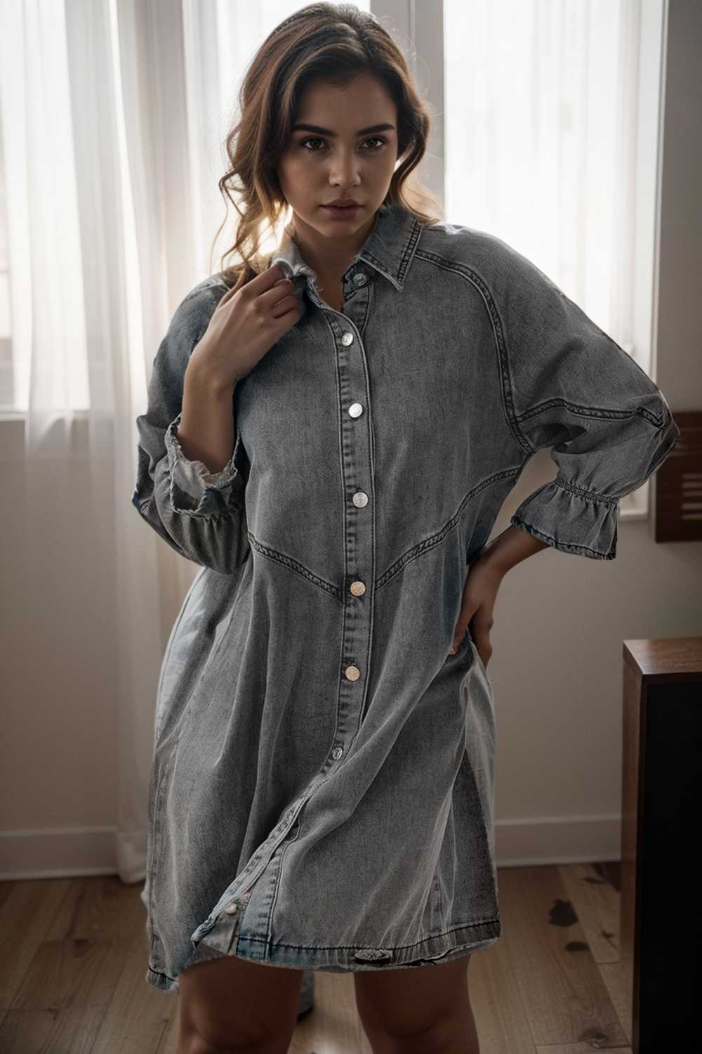 chic gray denim mini dress with button detail