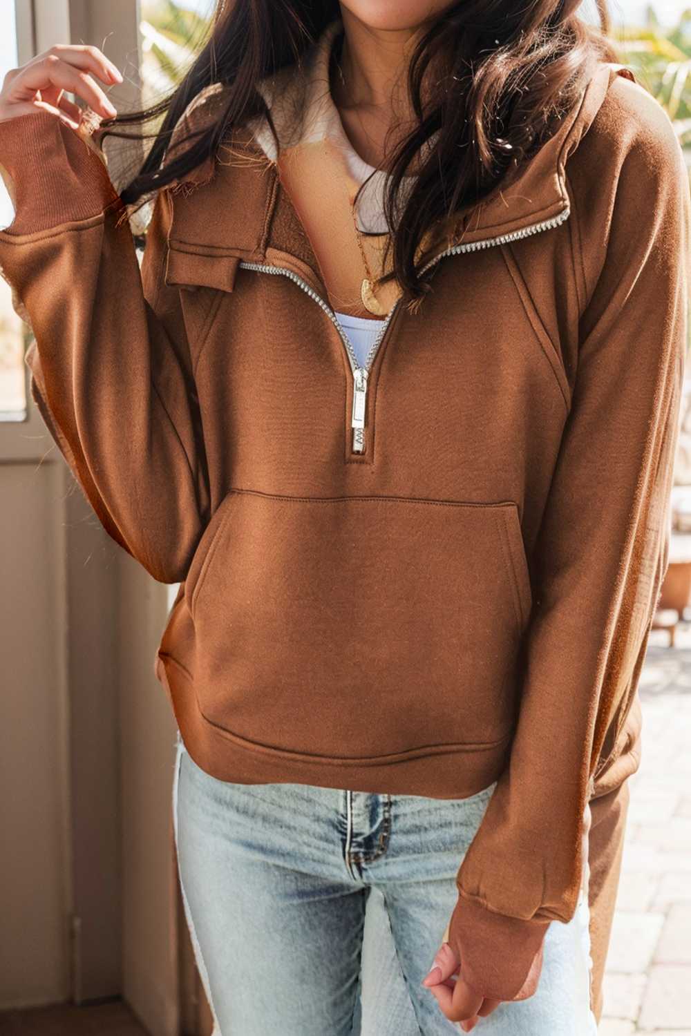 cozy brown hoodie with kangaroo pocket and quarter zip