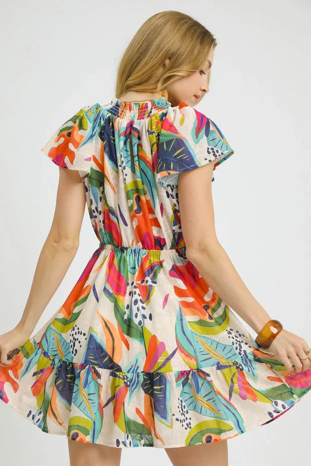 Thistle & Thread Printed Tie Neck Ruffled Hem Dress