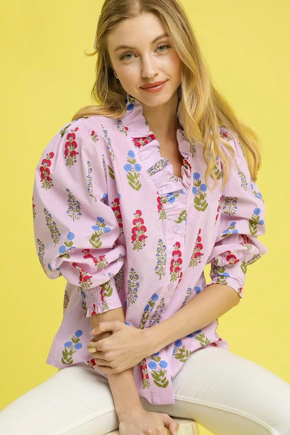 Secret Garden Floral Print Lantern Sleeve Button Down Shirt