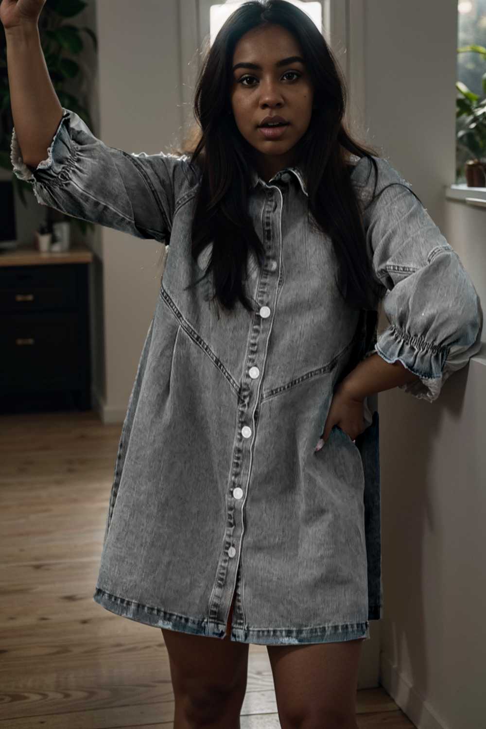 down loose short sleeve denim jean dress drop shoulder a line paneled peasant closed bateau v neck dress