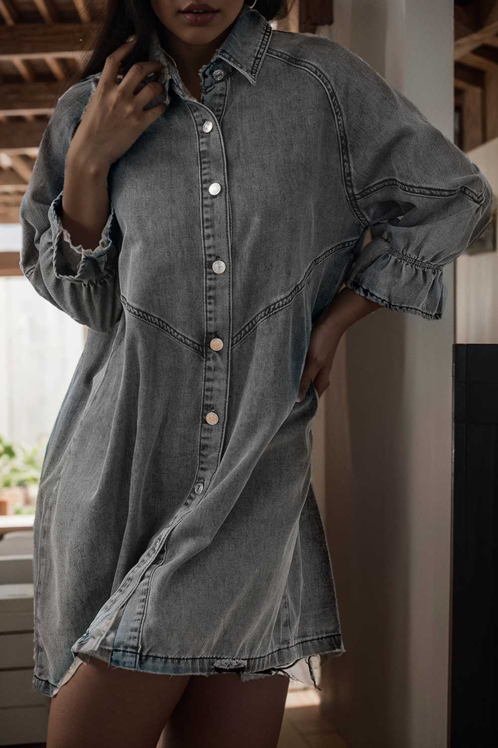 down loose short sleeve denim jean dress drop shoulder a line paneled peasant closed bateau v neck dress