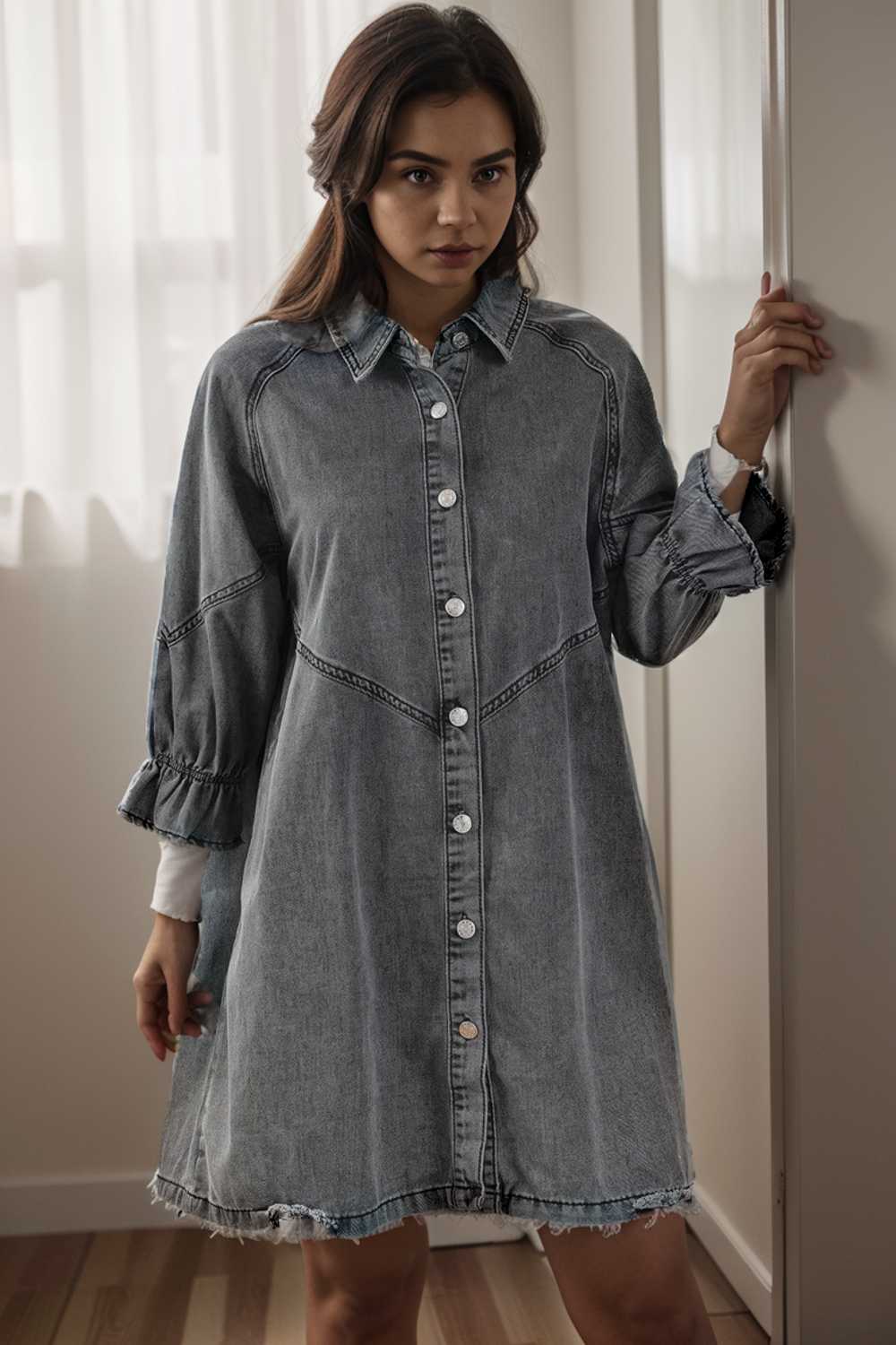 down loose short sleeve denim jean dress drop shoulder a line paneled peasant closed bateau v neck dress