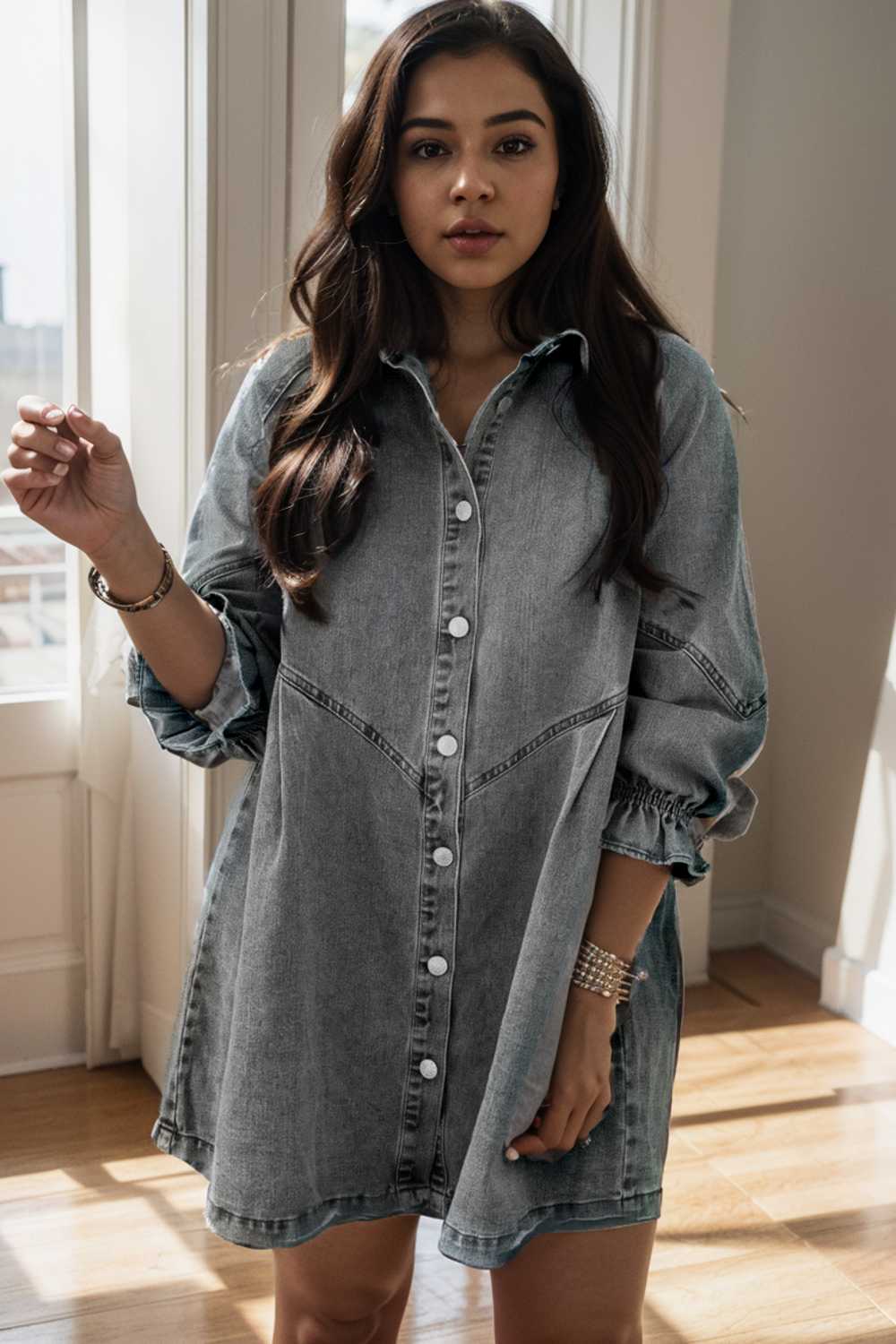 down loose short sleeve denim jean dress drop shoulder a line paneled peasant closed bateau v neck dress
