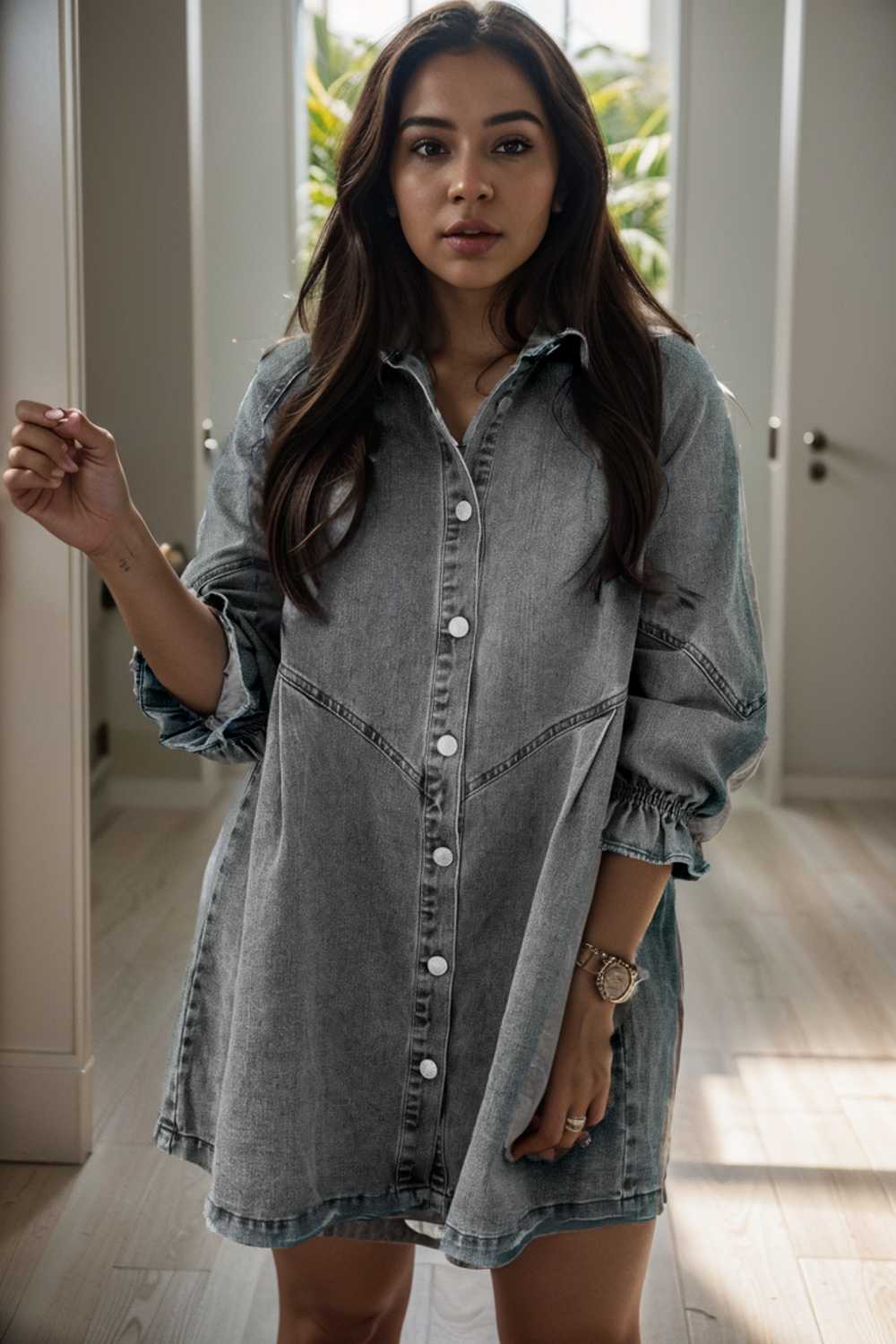 down loose short sleeve denim jean dress drop shoulder a line paneled peasant closed bateau v neck dress
