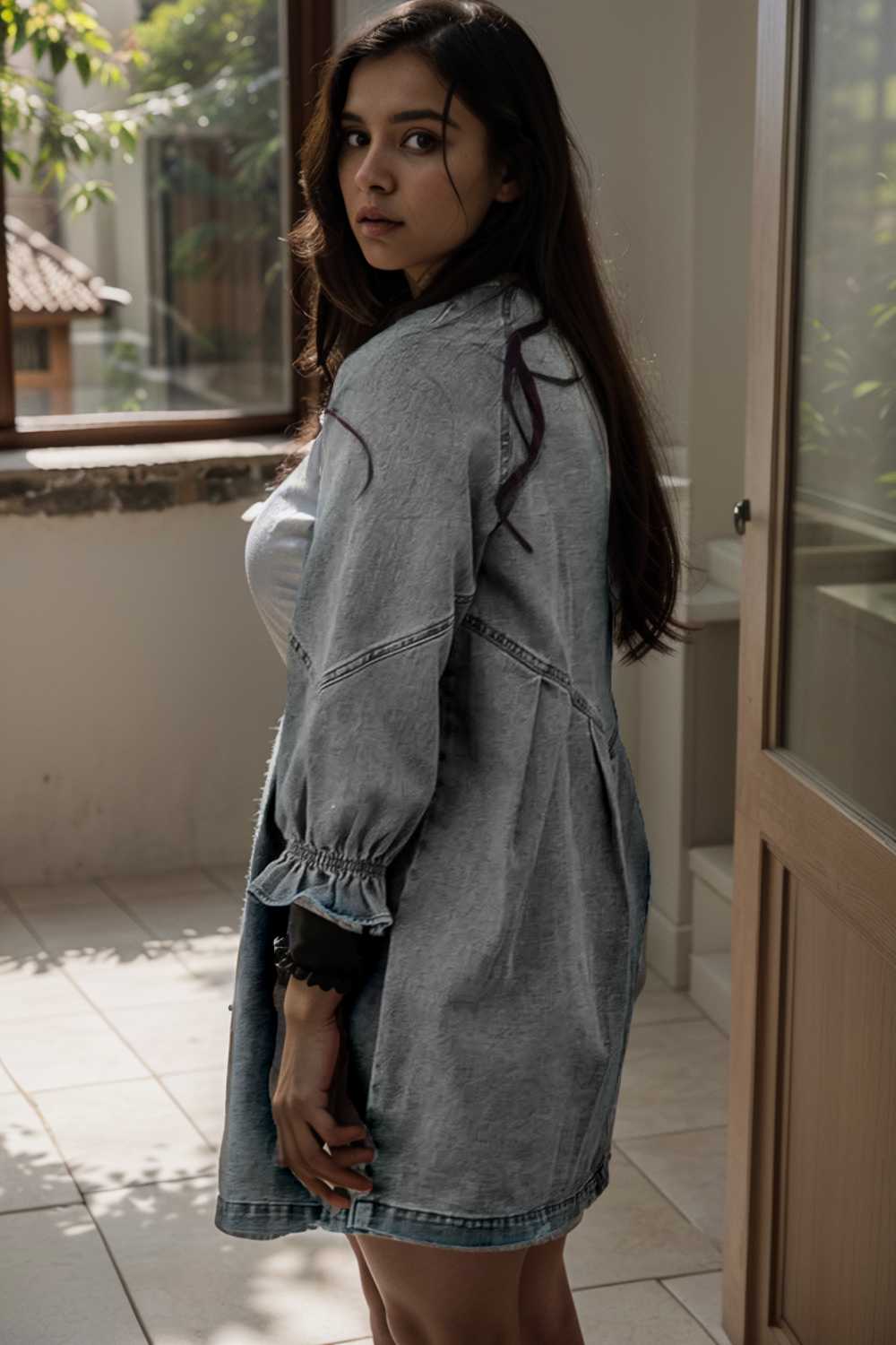 down loose short sleeve denim jean dress drop shoulder a line paneled peasant closed bateau v neck dress