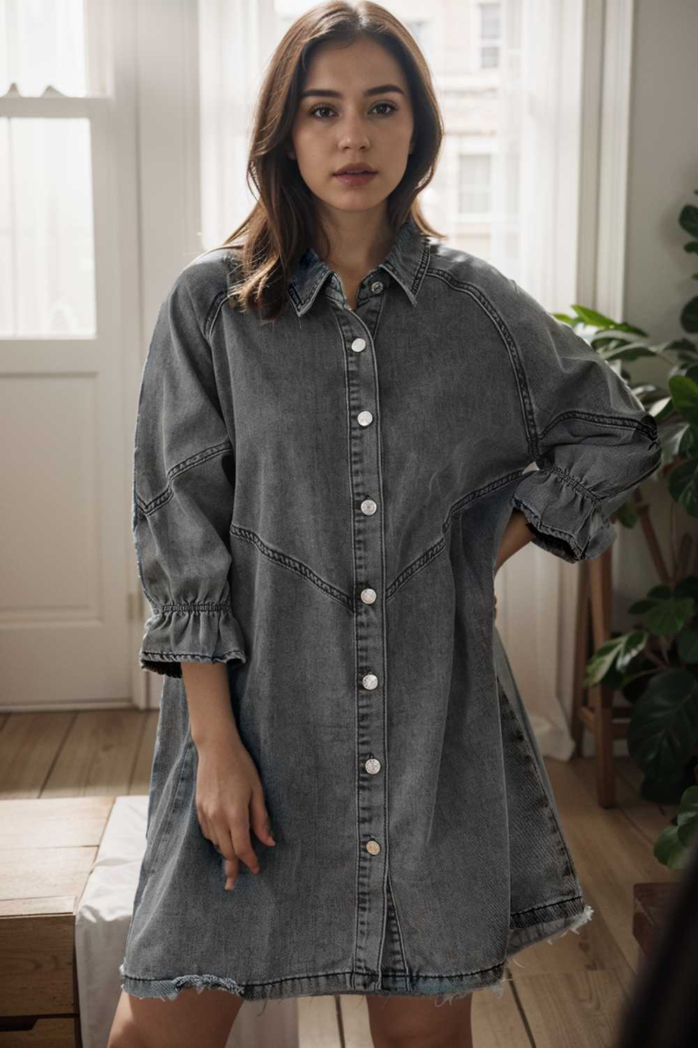 down loose short sleeve denim jean dress drop shoulder a line paneled peasant closed bateau v neck dress