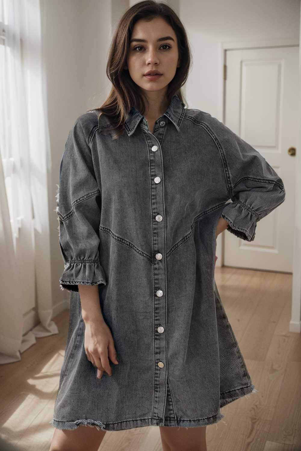 down loose short sleeve denim jean dress drop shoulder a line paneled peasant closed bateau v neck dress