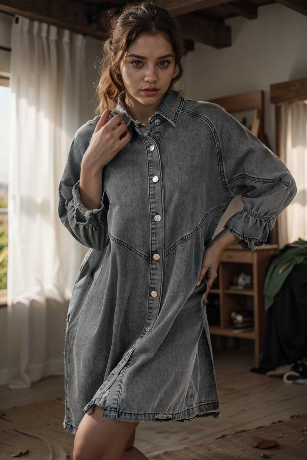 down loose short sleeve denim jean dress drop shoulder a line paneled peasant closed bateau v neck dress