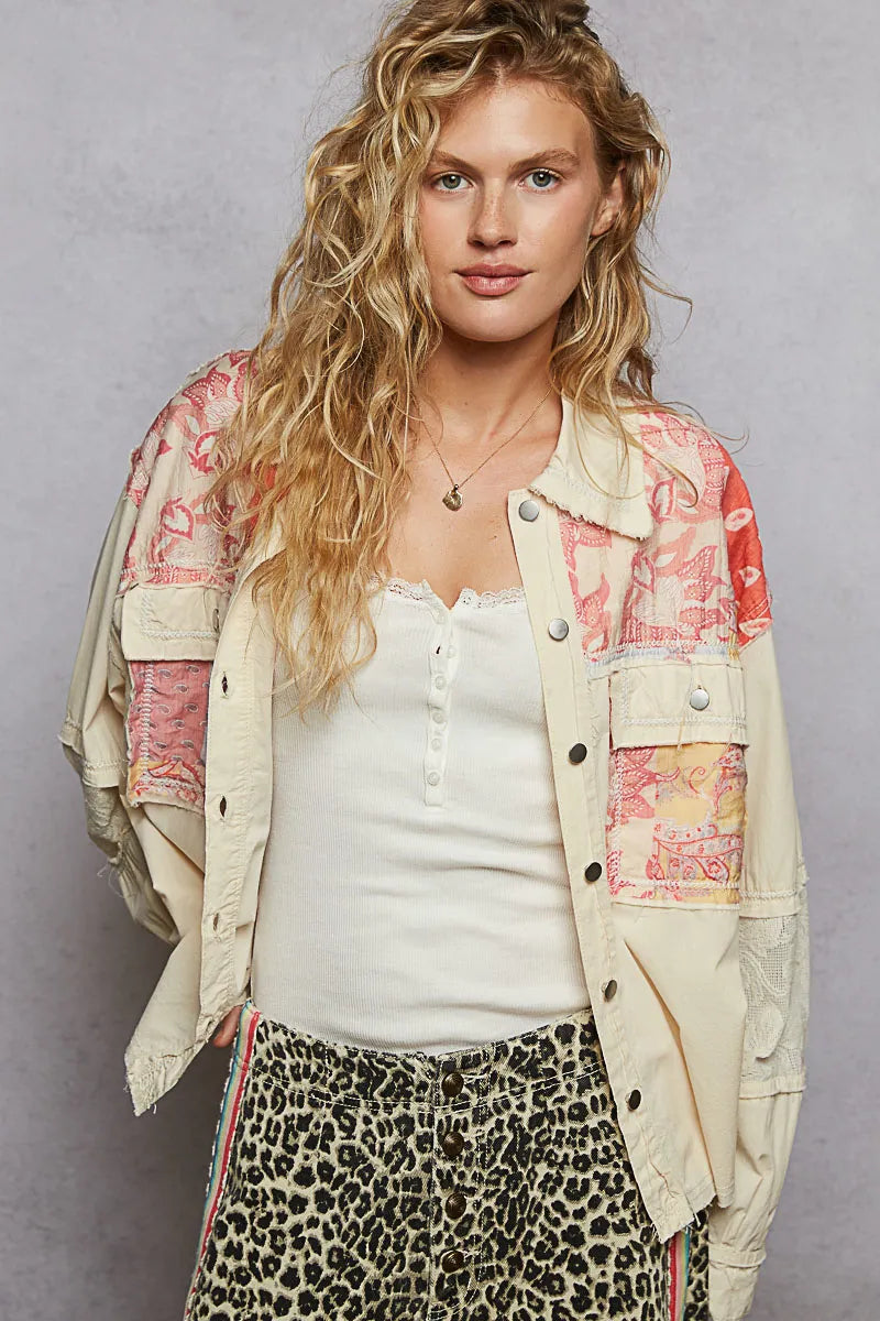 POL Printed Cotton Woven Mix Raw Hem Jacket with Lace Detail