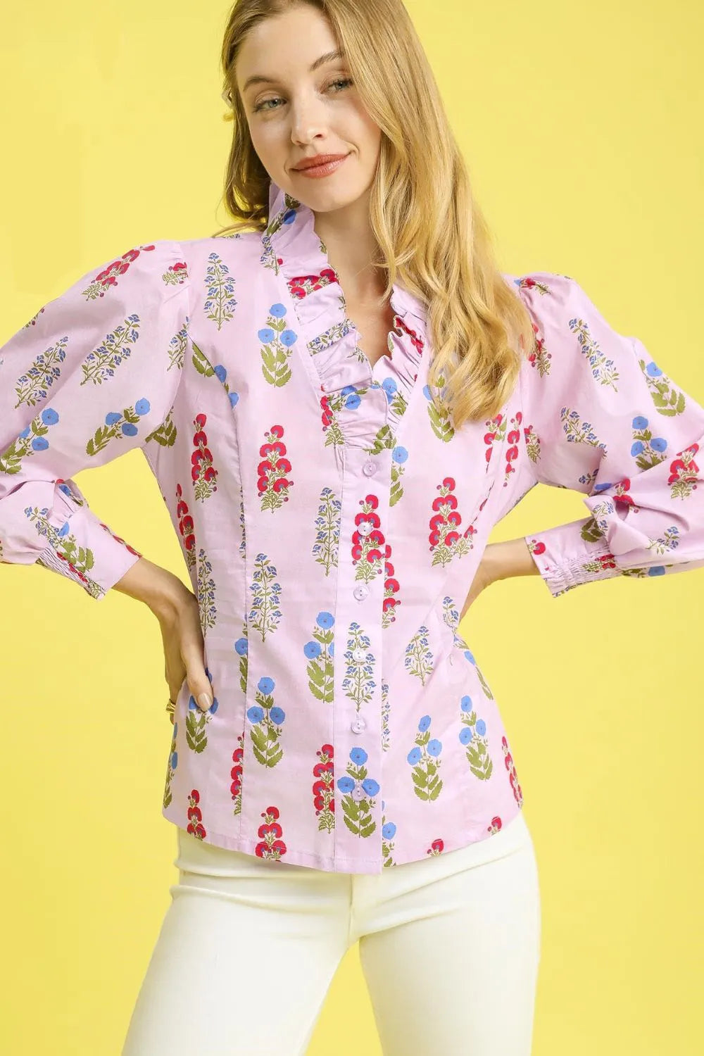 Secret Garden Floral Print Lantern Sleeve Button Down Shirt