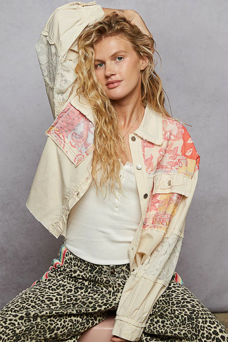 POL Printed Cotton Woven Mix Raw Hem Jacket with Lace Detail