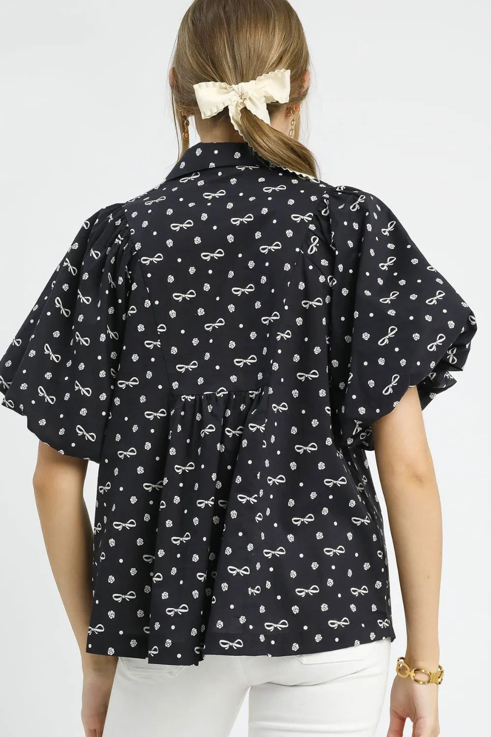Wrapped In A Bow Print Puff Sleeve 100 Cotton Blouse