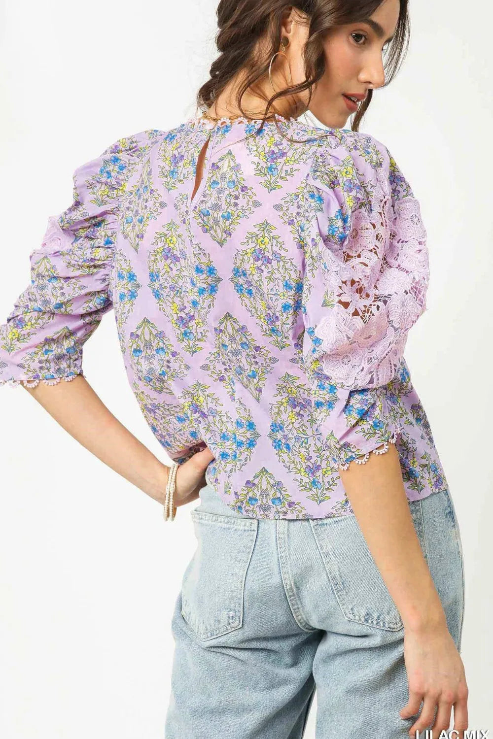 Amethyst Lace Diamond Floral Puff Sleeve Blouse