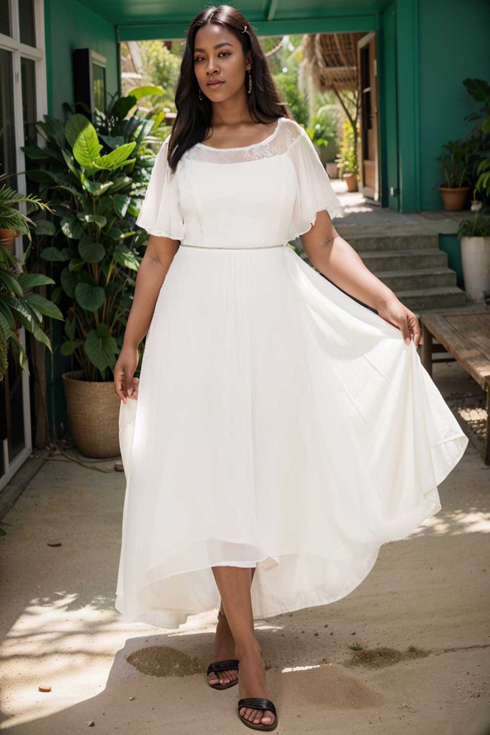 elegant boat neck a line midi dress for plus size women