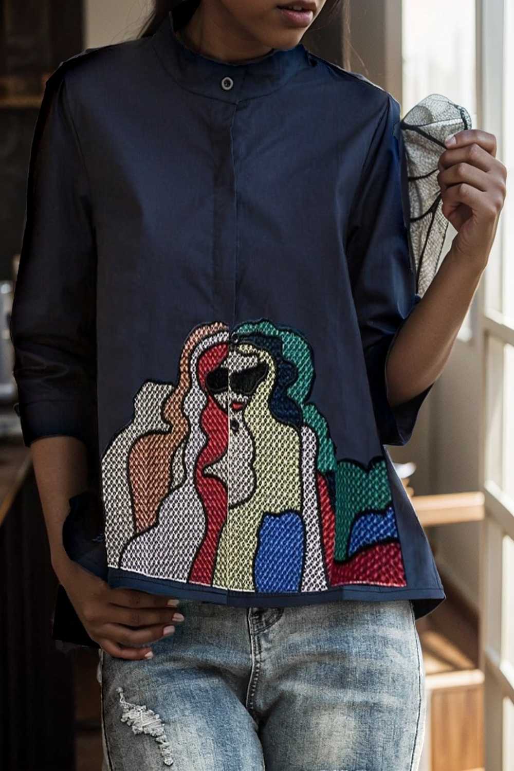 embroidered button mid sleeve casual blouse