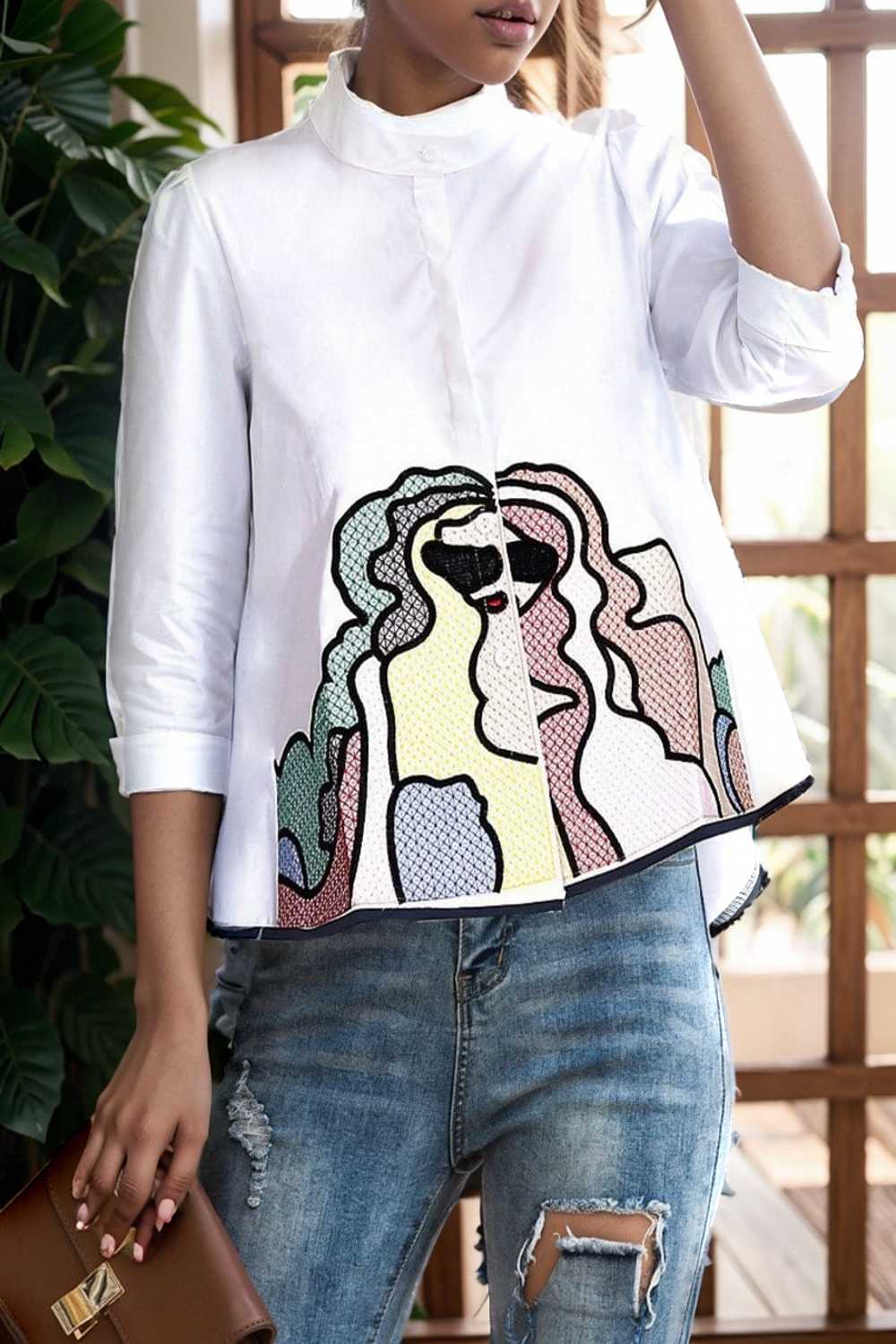 embroidered button mid sleeve casual blouse