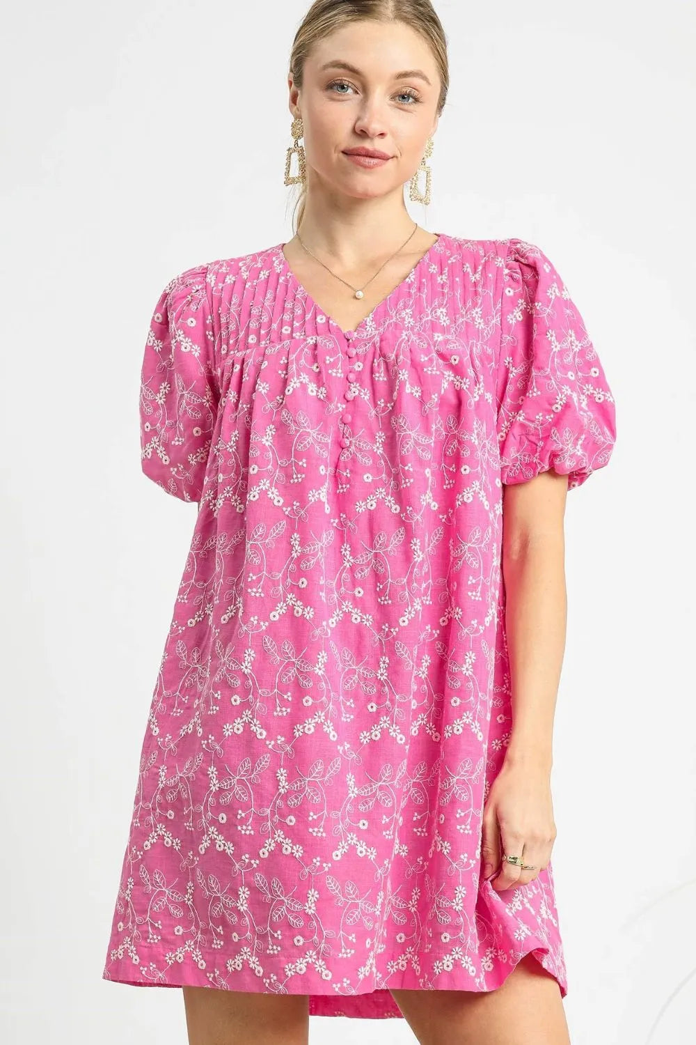 Umgee Pink Skys Floral Puff Sleeve V-Neck Embroidery Mini Dress