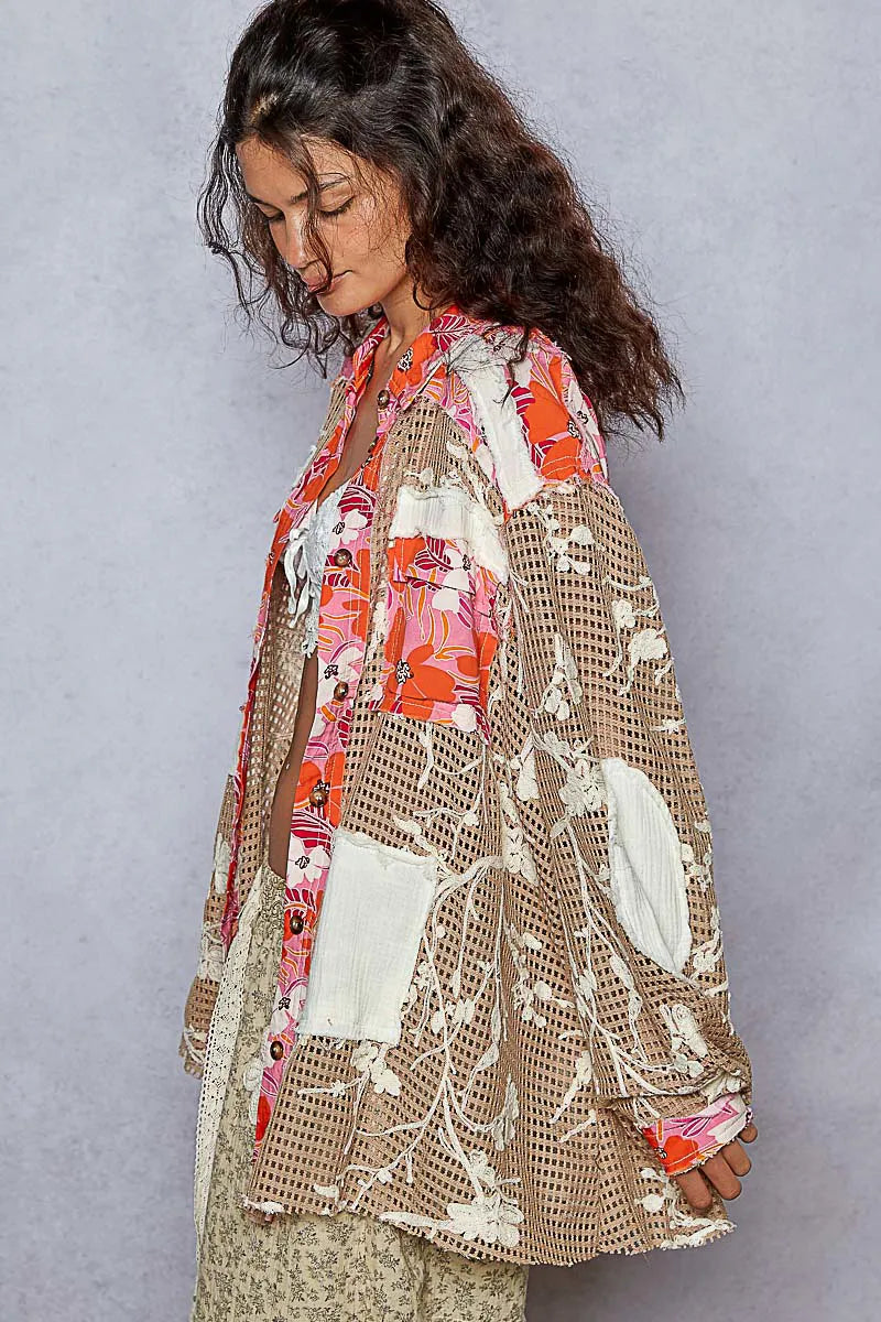 POL Floral Print Crochet Button Up Shirt