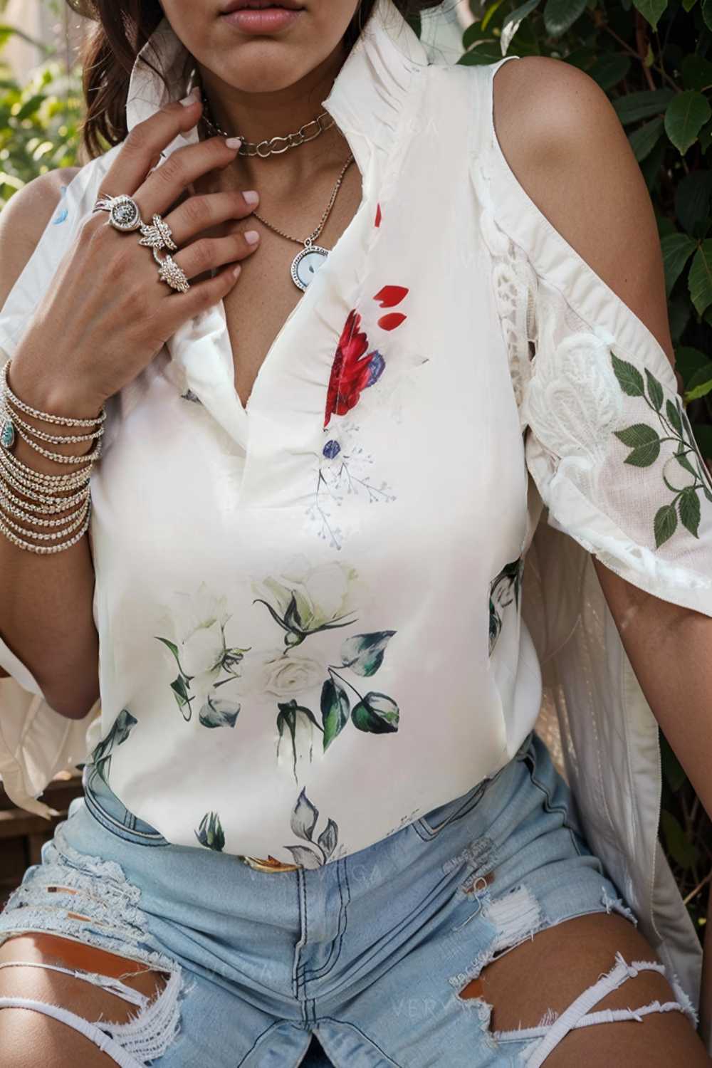 floral print off shoulder lace stitching long sleeves blouses