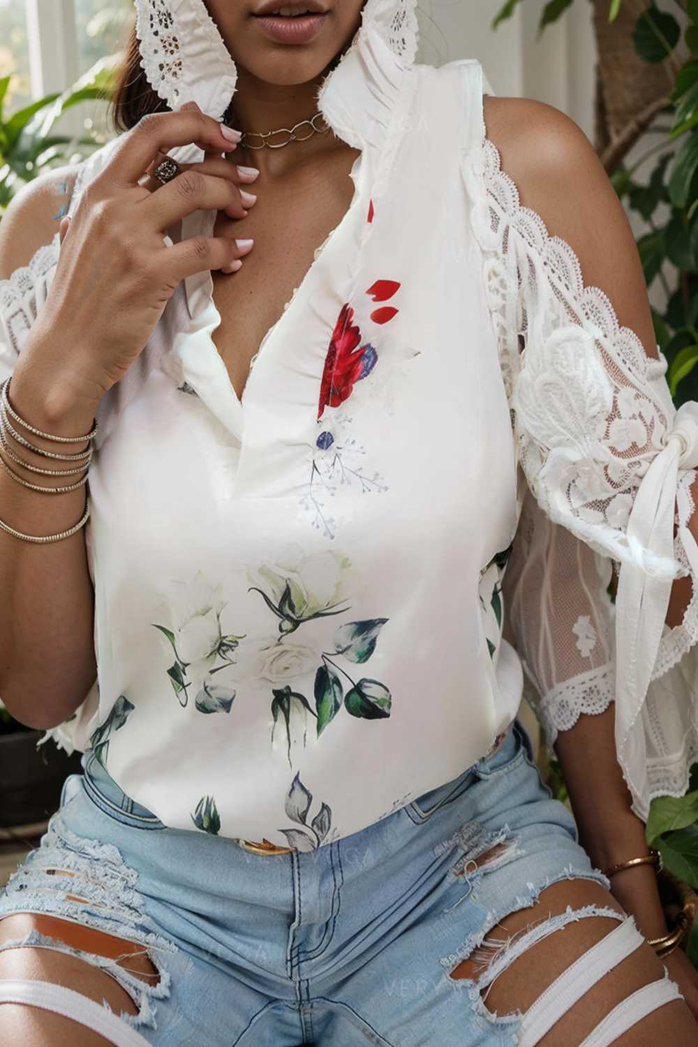 floral print off shoulder lace stitching long sleeves blouses