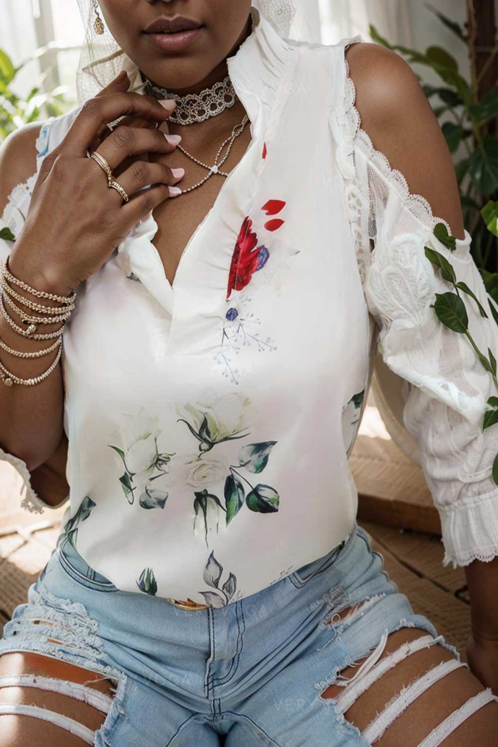 floral print off shoulder lace stitching long sleeves blouses
