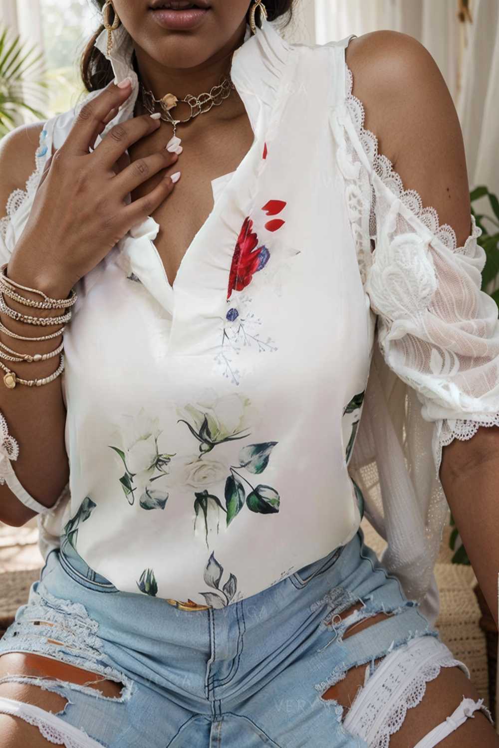 floral print off shoulder lace stitching long sleeves blouses