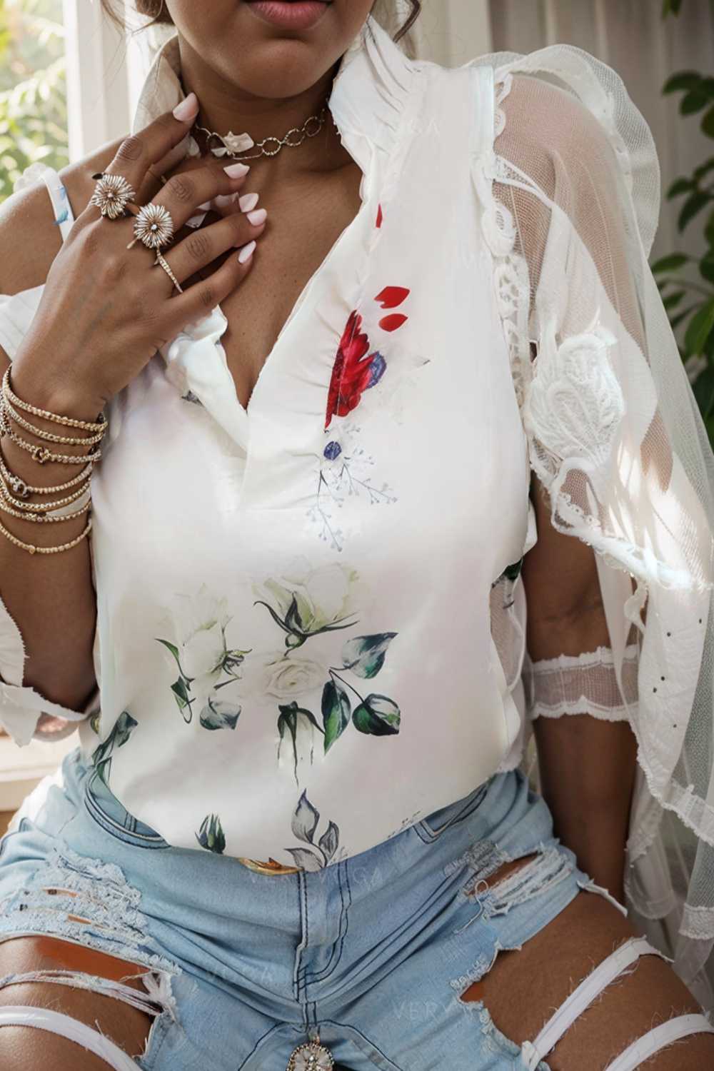 floral print off shoulder lace stitching long sleeves blouses