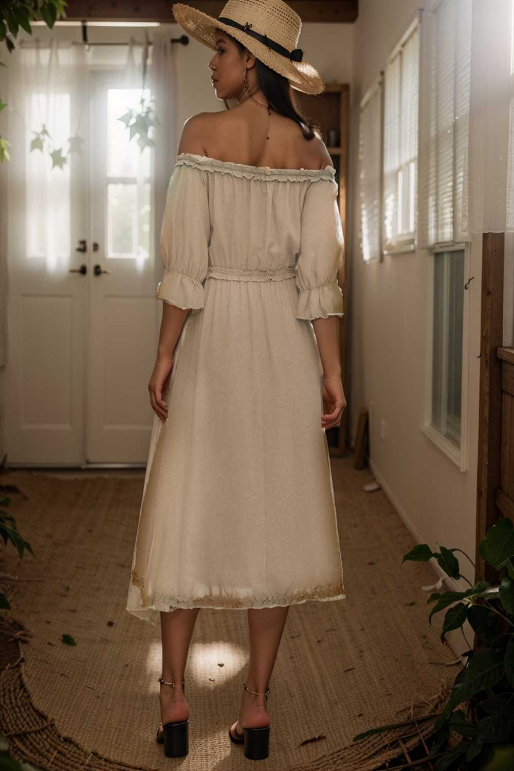 frilled off shoulder flounce sleeve midi dress