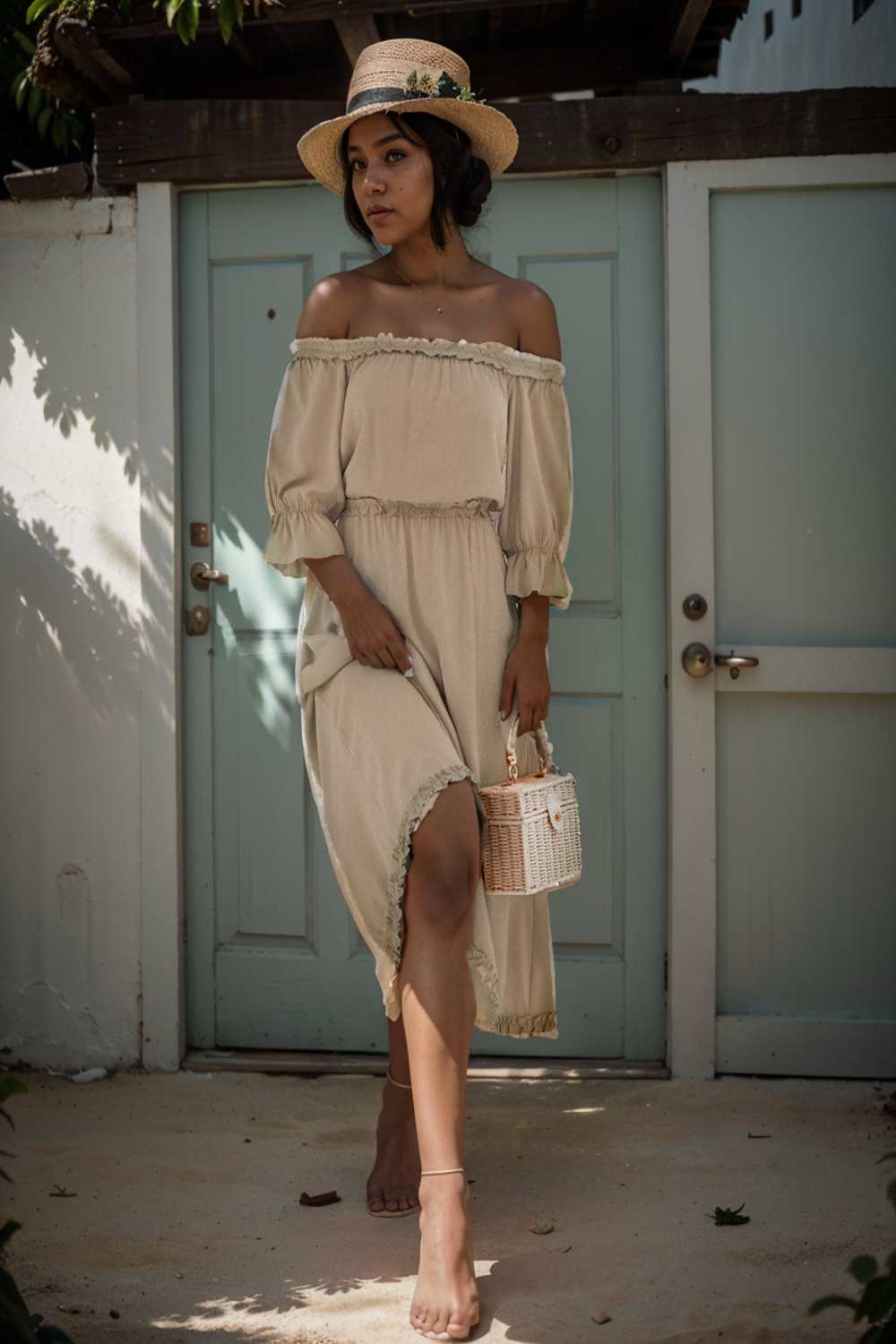 frilled off shoulder flounce sleeve midi dress