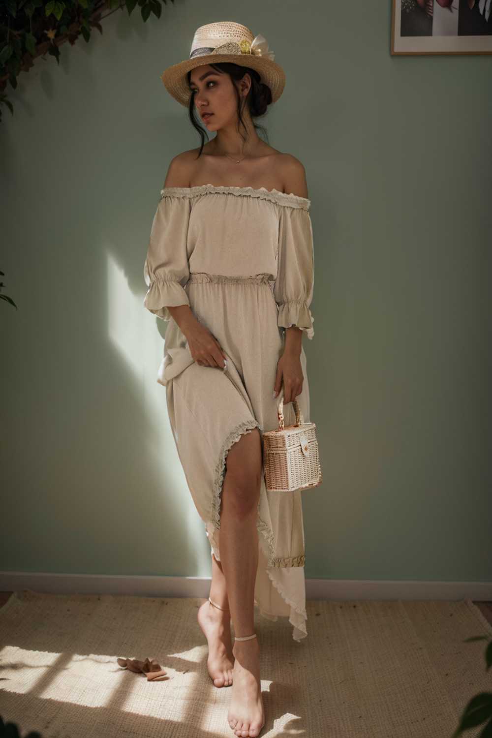 frilled off shoulder flounce sleeve midi dress