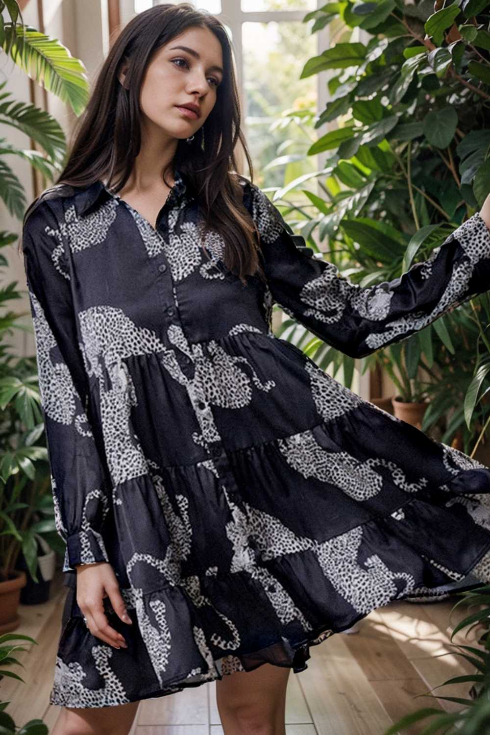 leopard print collared button up shirt dress with ruffled sleeves