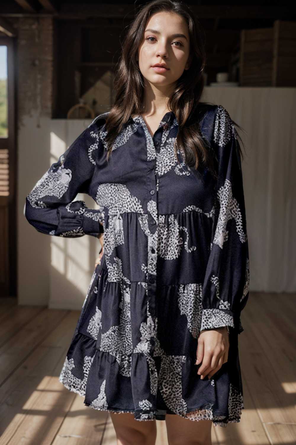 leopard print collared button up shirt dress with ruffled sleeves