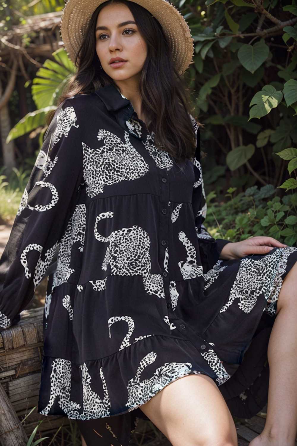 leopard print collared button up shirt dress with ruffled sleeves